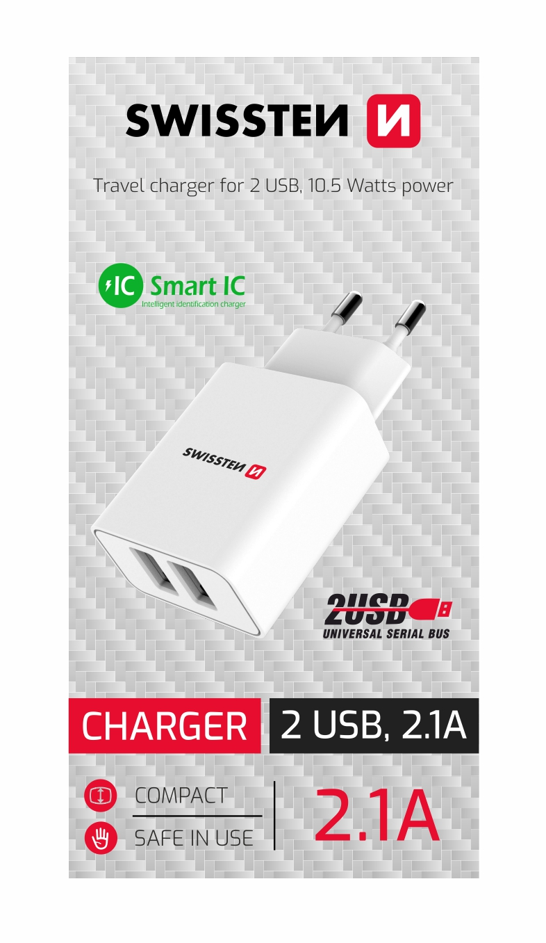 Swissten síťový adaptér Smart IC /2x USB/2,1A/ bílá
