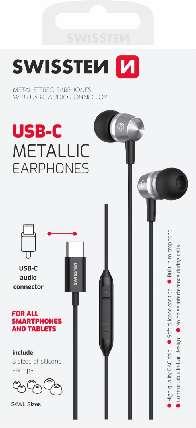 Swissten Metallic USB-C sluchátka černá
