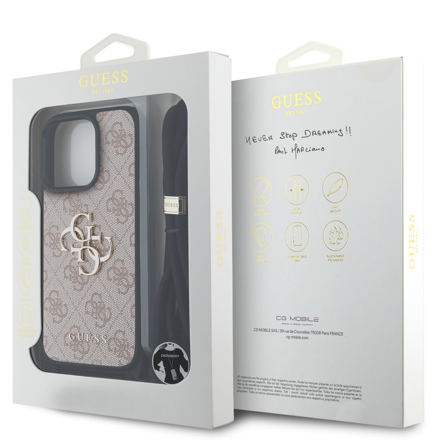 Guess PU 4G Metal Logo Crossbody Popruh Zadní Kryt pro iPhone 15 Pro Pink