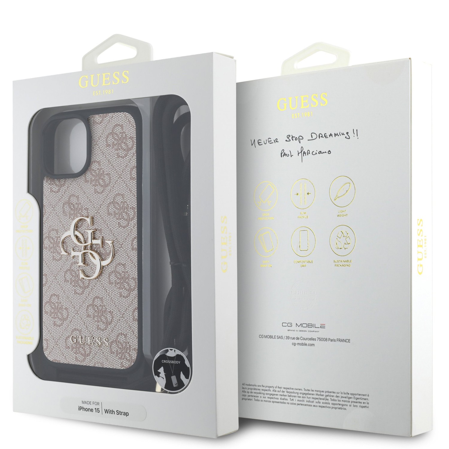 Guess PU 4G Metal Logo Crossbody Popruh Zadní Kryt pro iPhone 15 Pink