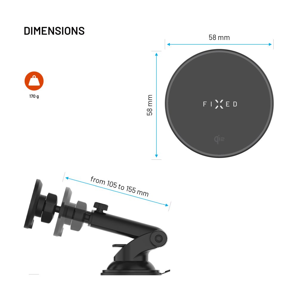 Držák s bezdrátovým nabíjením FIXED MagRound 2 XL na sklo nebo palubní desku, podpora MagSafe, 15W, Qi2, černý