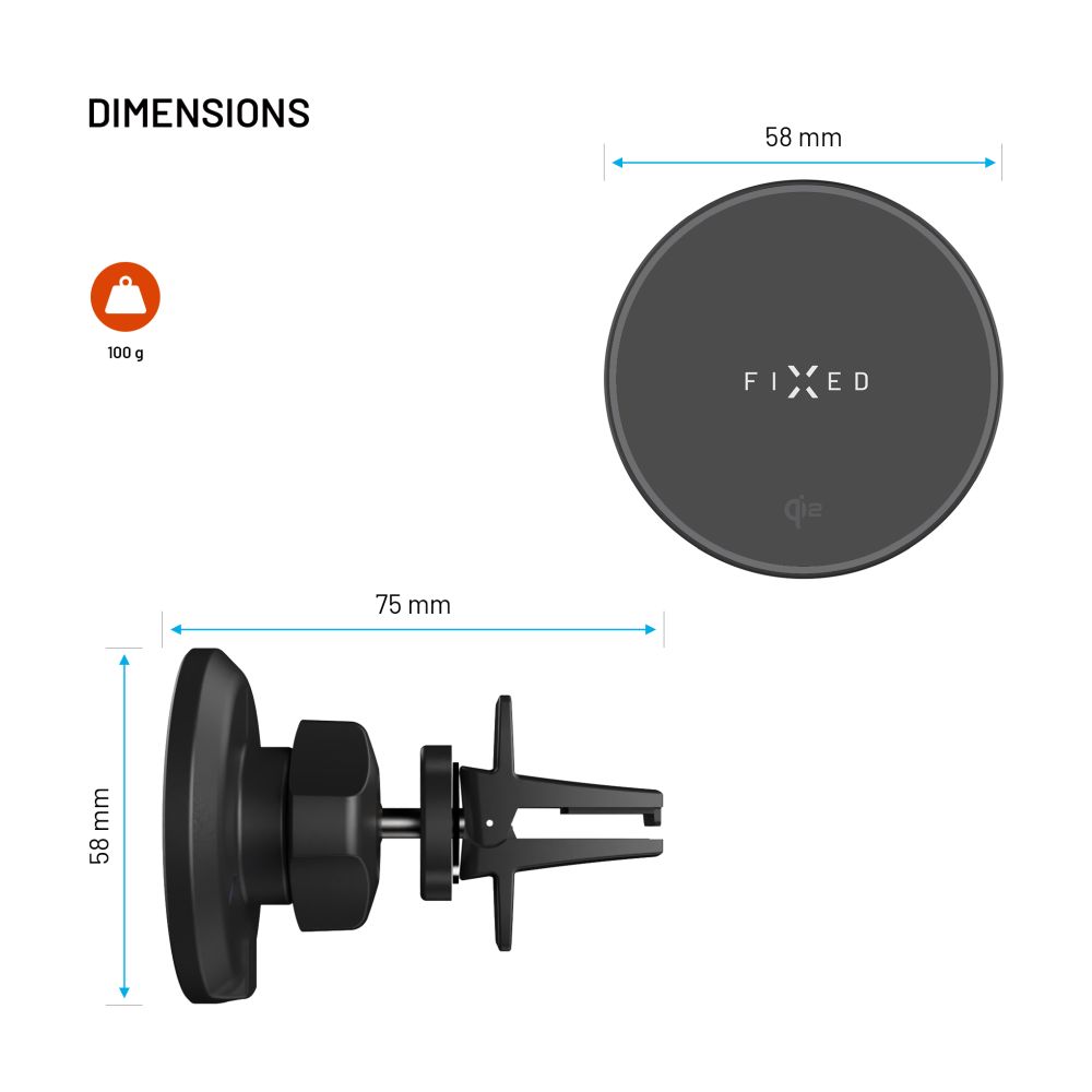 Držák s bezdrátovým nabíjením FIXED MagRound 2, podpora MagSafe, 15W, Qi2, černý