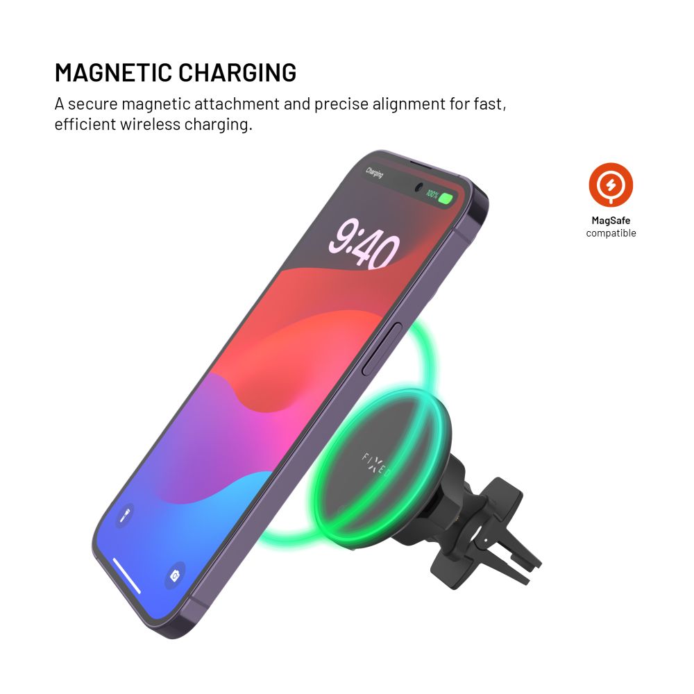 Držák s bezdrátovým nabíjením FIXED MagRound 2, podpora MagSafe, 15W, Qi2, černý