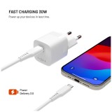 Set síťové GaN nabíječky FIXED Mini s USB-C výstupem a USB-C/USB-C kabelu, podpora PD, 1,2 metr, 30W, bílý