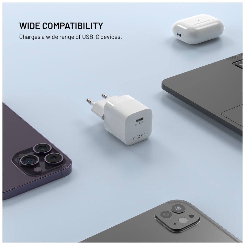 Set síťové GaN nabíječky FIXED Mini s USB-C výstupem a USB-C/USB-C kabelu, podpora PD, 1,2 metr, 30W, bílý