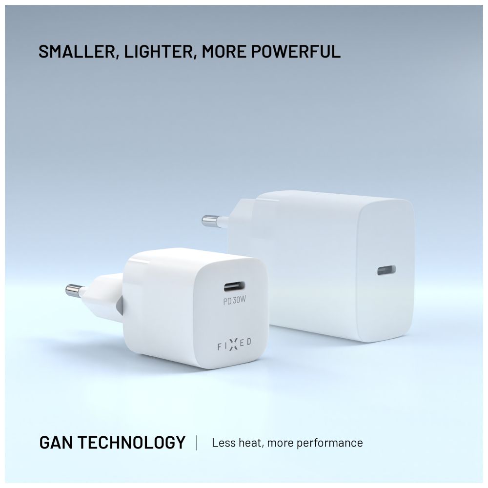 Set síťové GaN nabíječky FIXED Mini s USB-C výstupem a USB-C/USB-C kabelu, podpora PD, 1,2 metr, 30W, bílý