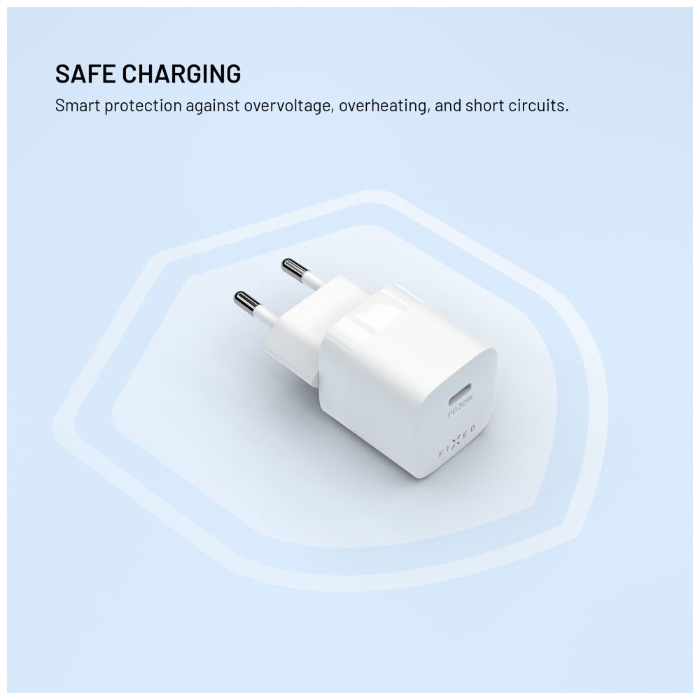 Set síťové GaN nabíječky FIXED Mini s USB-C výstupem a USB-C/USB-C kabelu, podpora PD, 1,2 metr, 30W, bílý
