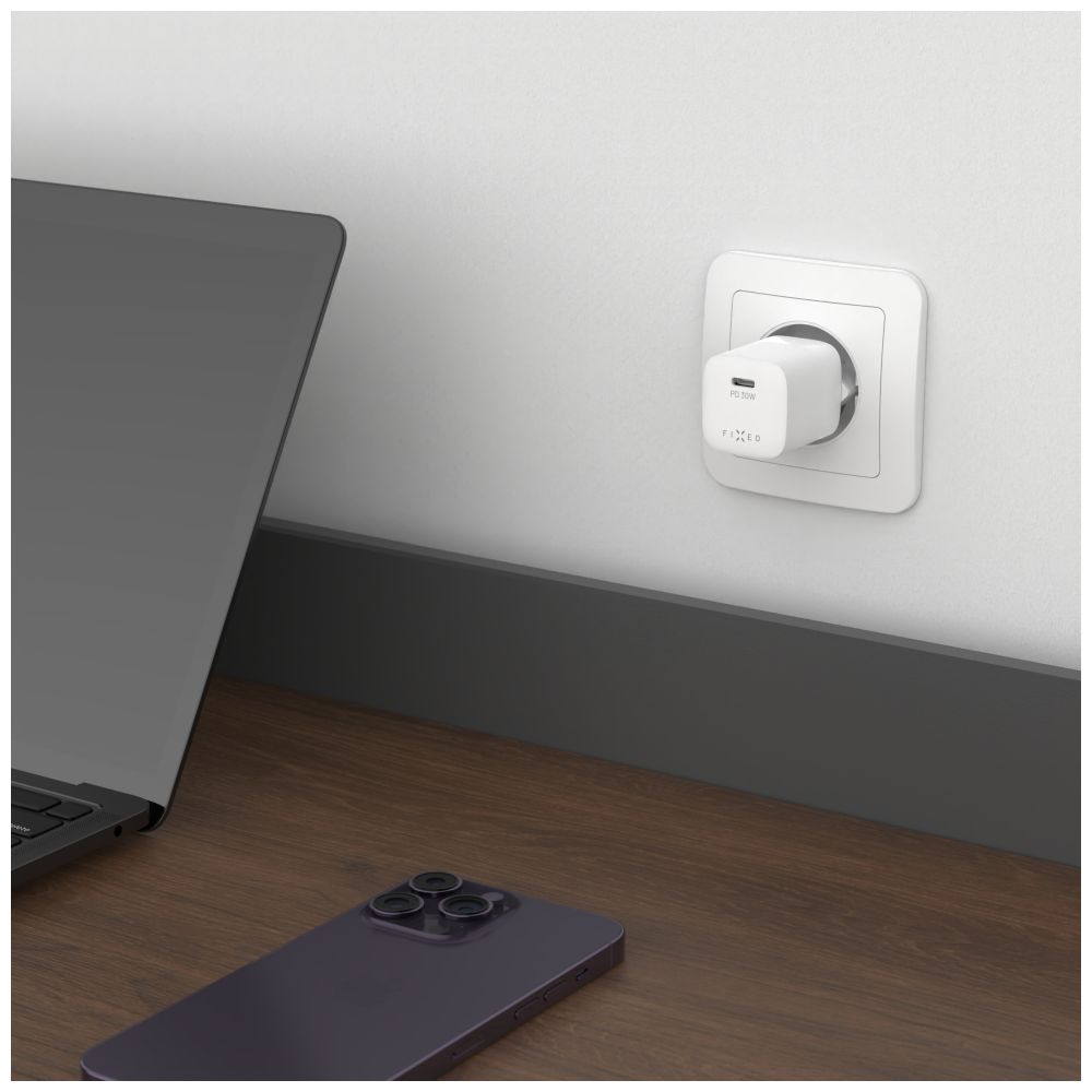Set síťové GaN nabíječky FIXED Mini s USB-C výstupem a USB-C/USB-C kabelu, podpora PD, 1,2 metr, 30W, bílý