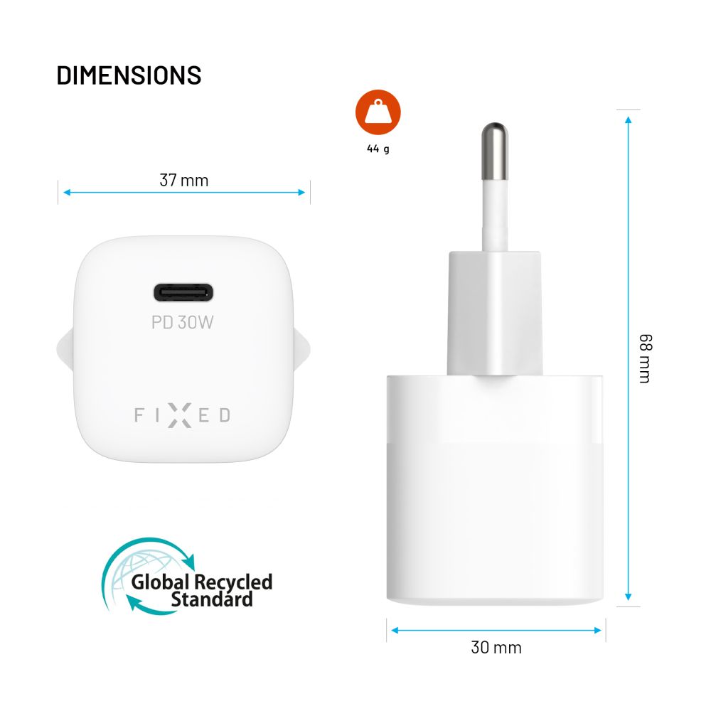 Set síťové GaN nabíječky FIXED Mini s USB-C výstupem a USB-C/USB-C kabelu, podpora PD, 1,2 metr, 30W, bílý