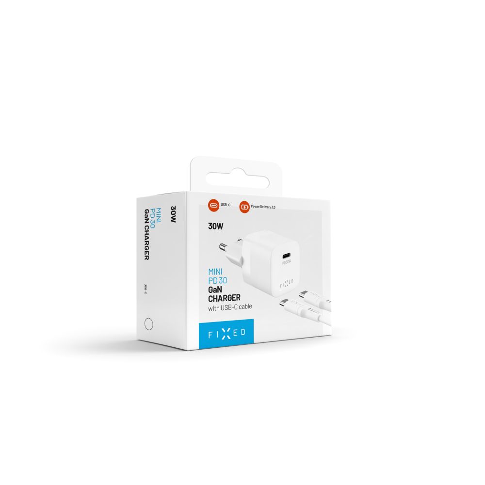 Set síťové GaN nabíječky FIXED Mini s USB-C výstupem a USB-C/USB-C kabelu, podpora PD, 1,2 metr, 30W, bílý