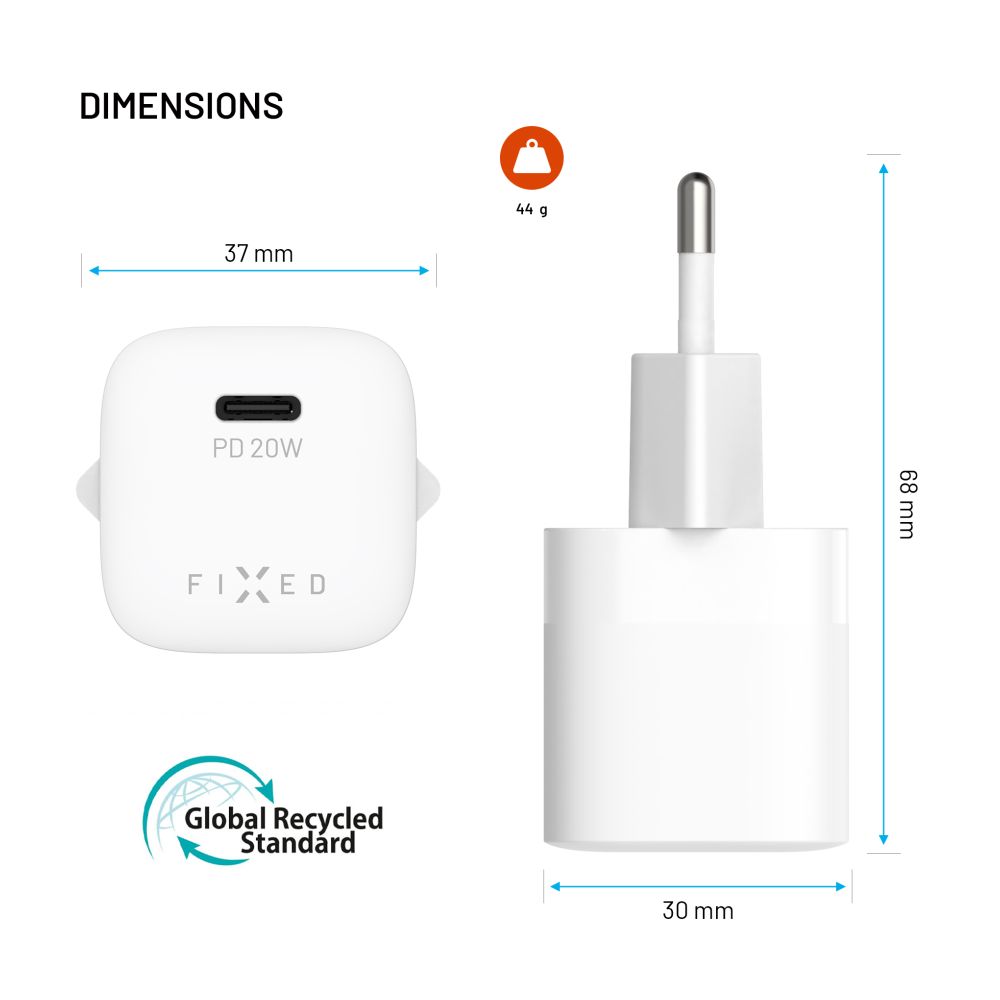Set síťové nabíječky FIXED Mini s USB-C výstupem a USB-C/USB-C kabelu, podpora PD, 1,2 metr, 20W, bílý