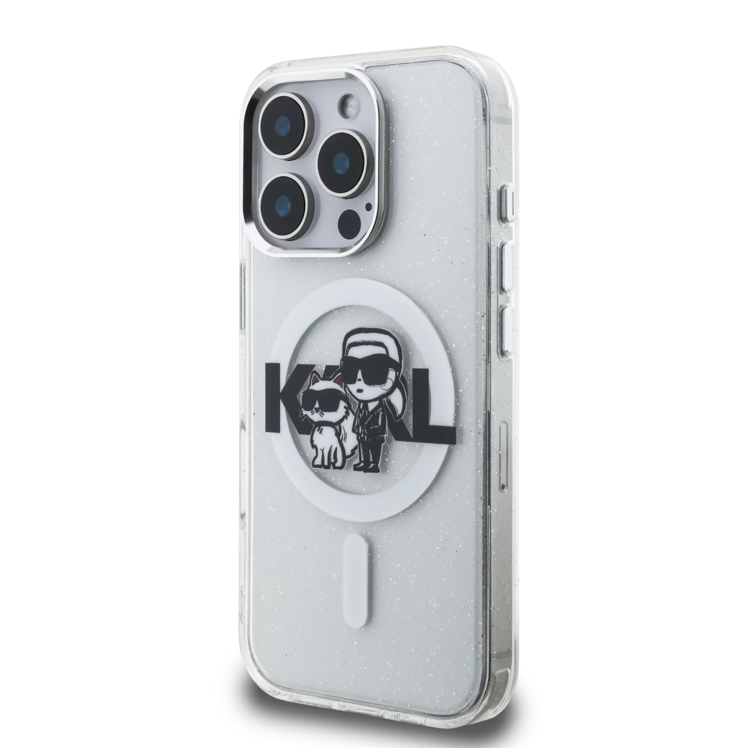 Karl Lagerfeld IML Glitter Karl and Choupette Sketch MagSafe Zadní Kryt pro iPhone 16 Pro Max Transparent