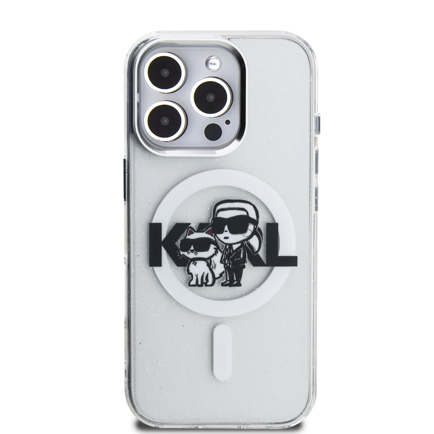 Karl Lagerfeld IML Glitter Karl and Choupette Sketch MagSafe Zadní Kryt pro iPhone 16 Pro Max Transparent