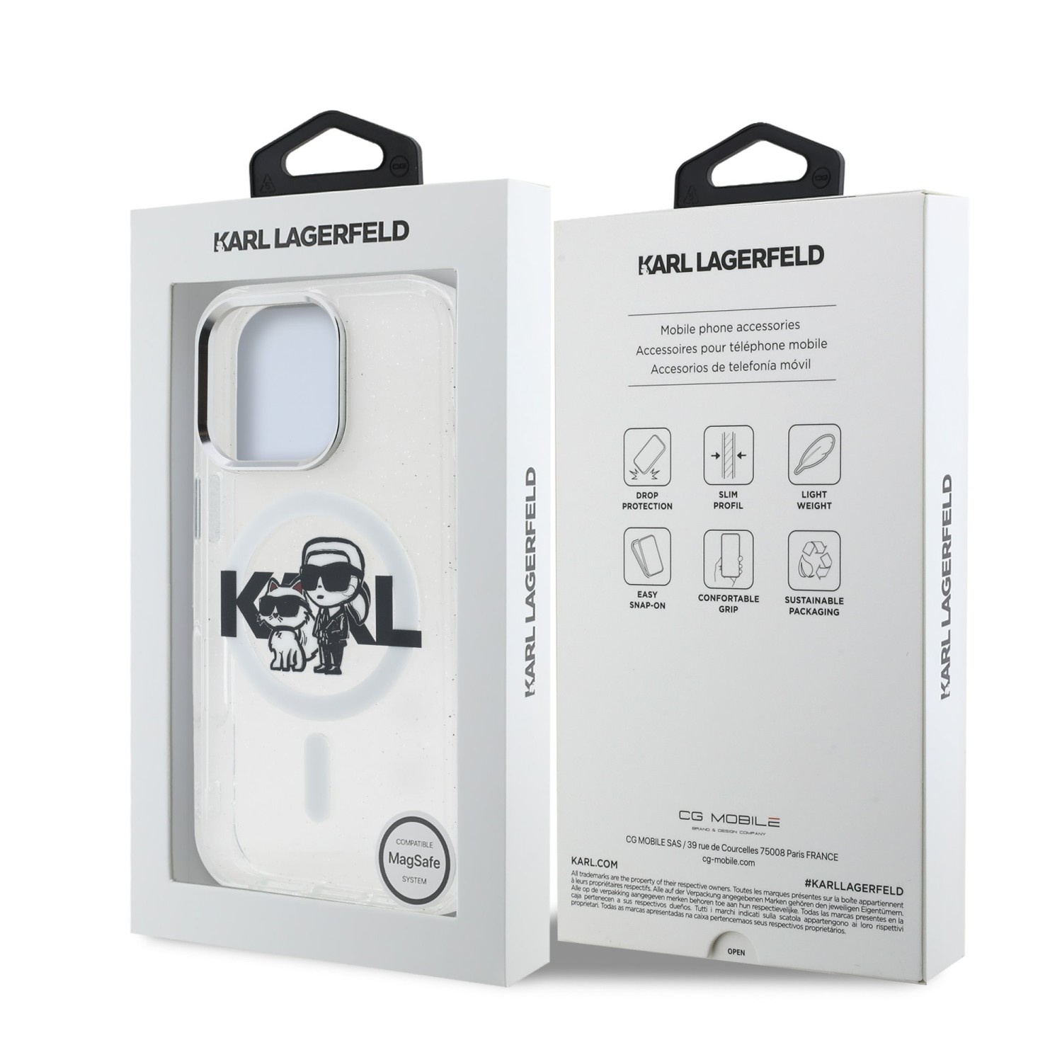 Karl Lagerfeld IML Glitter Karl and Choupette Sketch MagSafe Zadní Kryt pro iPhone 16 Pro Max Transparent