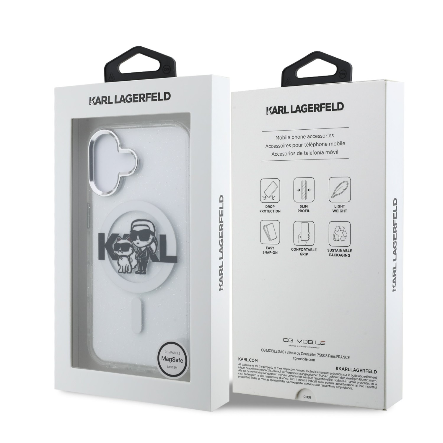 Karl Lagerfeld IML Glitter Karl and Choupette Sketch MagSafe Zadní Kryt pro iPhone 16 Transparent