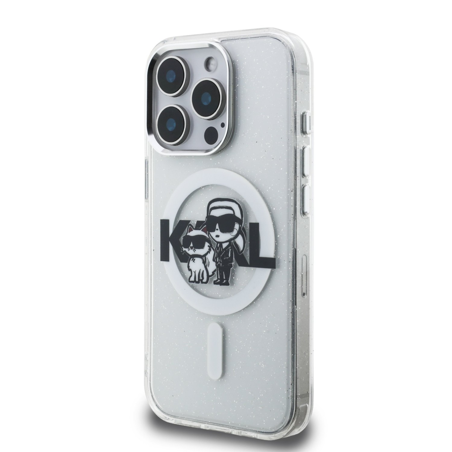 Karl Lagerfeld IML Glitter Karl and Choupette Sketch MagSafe Zadní Kryt pro iPhone 15 Pro Max Transparent