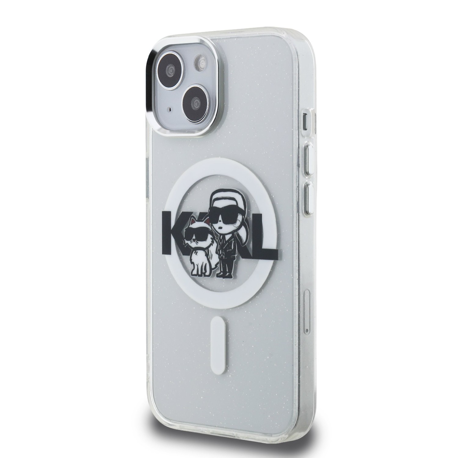 Karl Lagerfeld IML Glitter Karl and Choupette Sketch MagSafe Zadní Kryt pro iPhone 15 Transparent