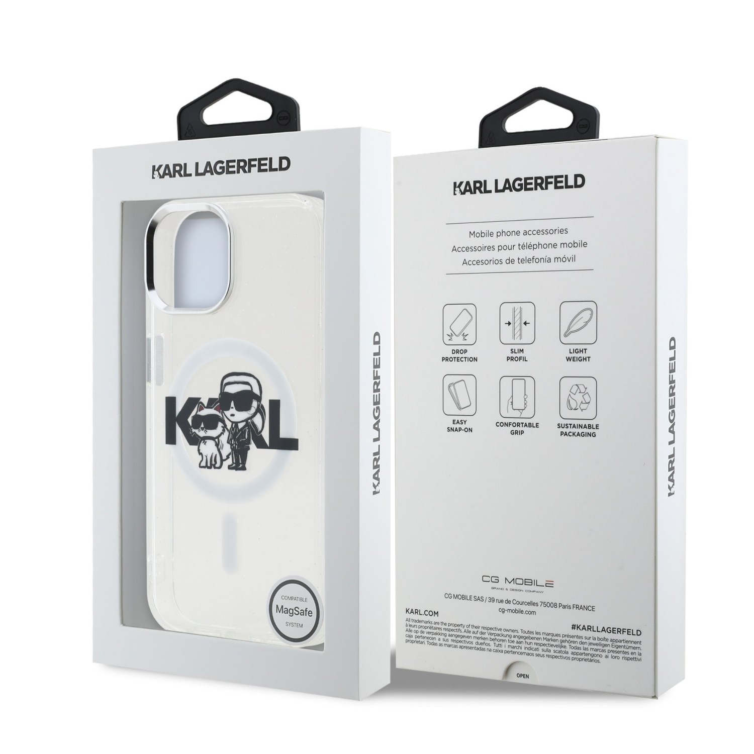 Karl Lagerfeld IML Glitter Karl and Choupette Sketch MagSafe Zadní Kryt pro iPhone 15 Transparent