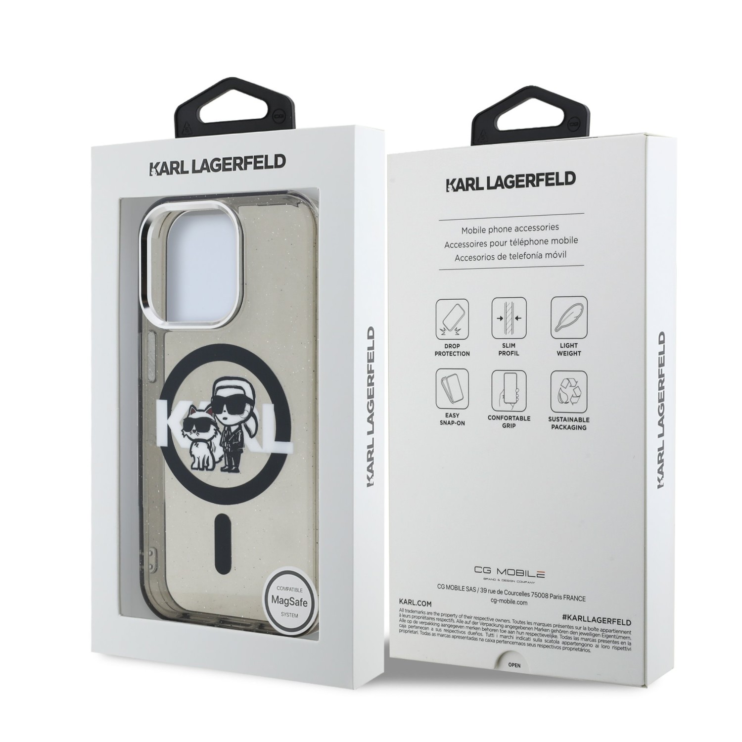 Karl Lagerfeld IML Glitter Karl and Choupette Sketch MagSafe Zadní Kryt pro iPhone 15 Pro Max Black
