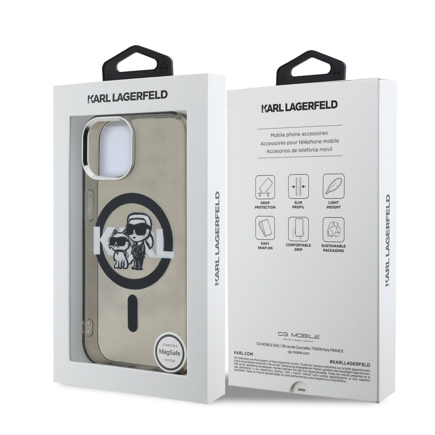 Karl Lagerfeld IML Glitter Karl and Choupette Sketch MagSafe Zadní Kryt pro iPhone 15 Black