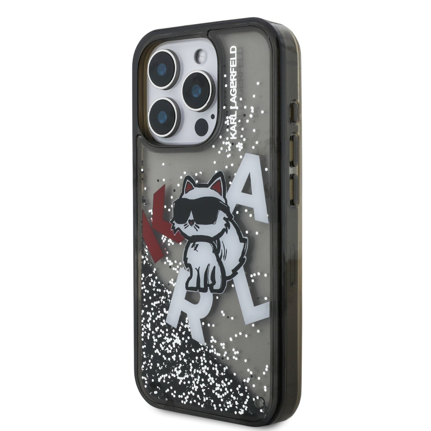 Karl Lagerfeld Liquid Glitter Scattered Choupette Zadní Kryt pro iPhone 16 Pro Max Black