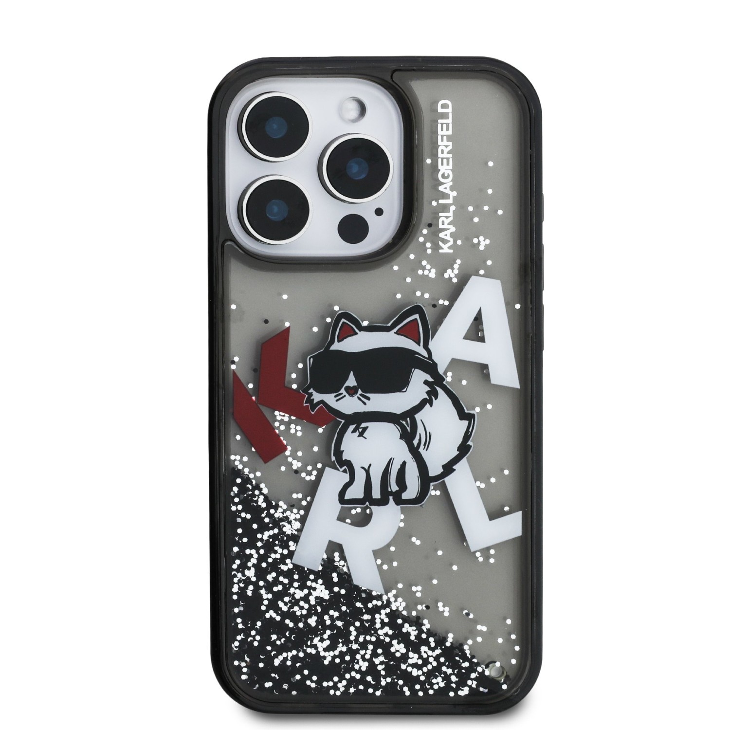 Karl Lagerfeld Liquid Glitter Scattered Choupette Zadní Kryt pro iPhone 16 Pro Max Black