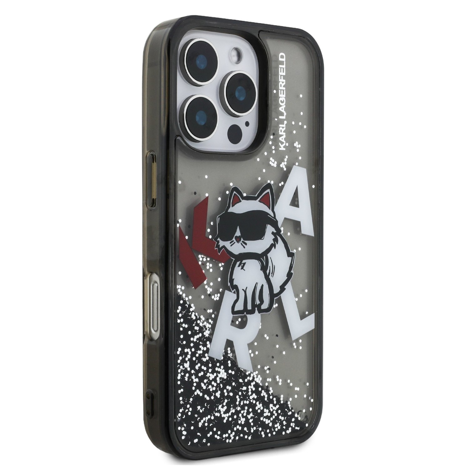 Karl Lagerfeld Liquid Glitter Scattered Choupette Zadní Kryt pro iPhone 16 Pro Max Black