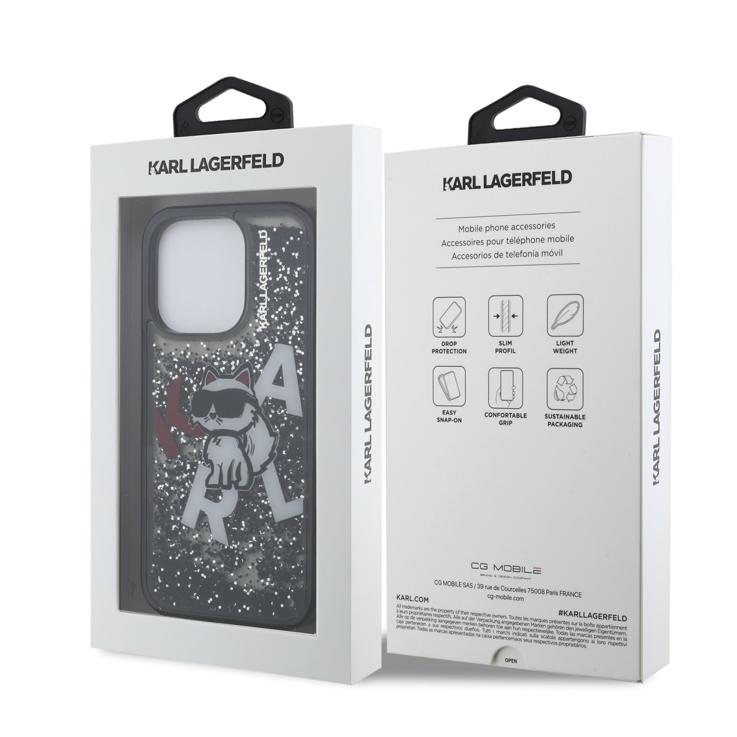 Karl Lagerfeld Liquid Glitter Scattered Choupette Zadní Kryt pro iPhone 16 Pro Max Black