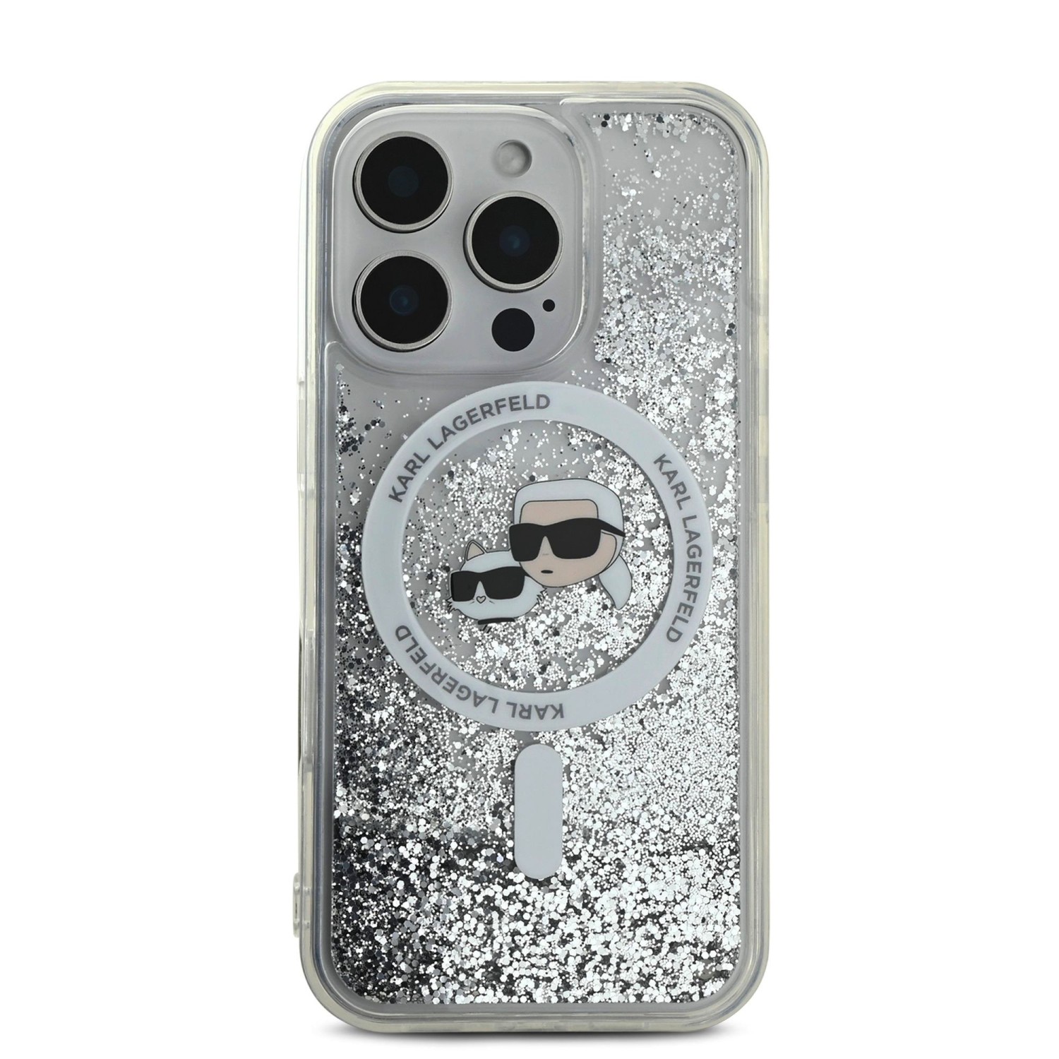 Karl Lagerfeld Liquid Glitter Karl and Choupette Heads MagSafe Zadní Kryt pro iPhone 16 Pro Max Transparent