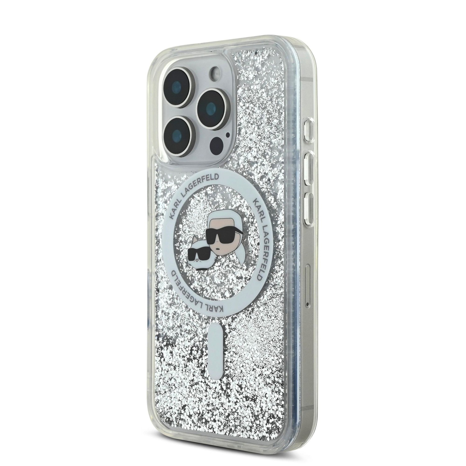 Karl Lagerfeld Liquid Glitter Karl and Choupette Heads MagSafe Zadní Kryt pro iPhone 16 Pro Max Transparent