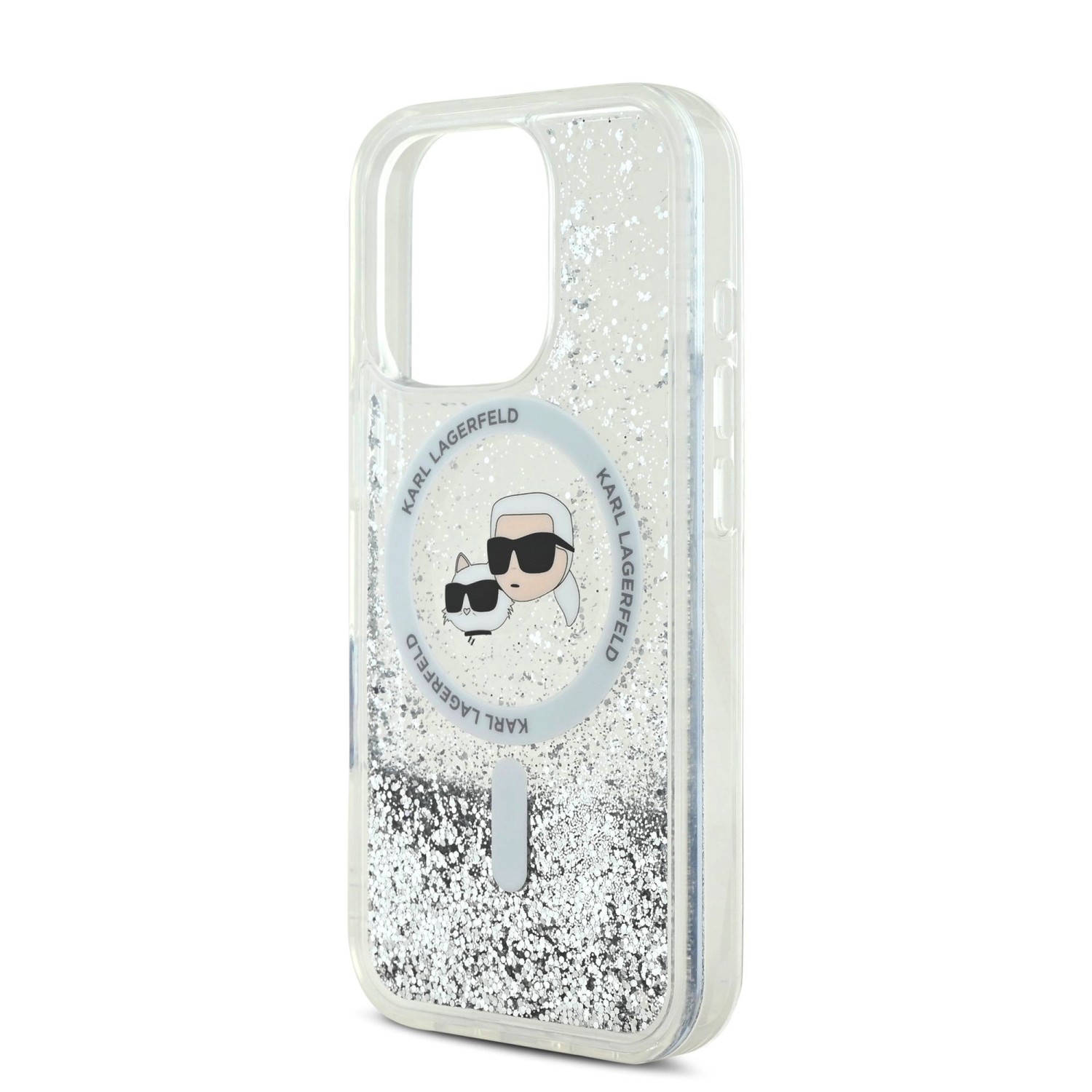 Karl Lagerfeld Liquid Glitter Karl and Choupette Heads MagSafe Zadní Kryt pro iPhone 16 Pro Max Transparent