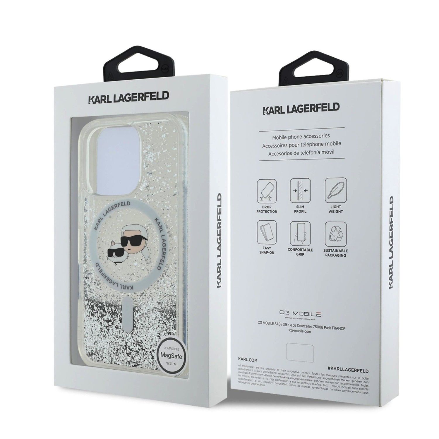 Karl Lagerfeld Liquid Glitter Karl and Choupette Heads MagSafe Zadní Kryt pro iPhone 16 Pro Max Transparent