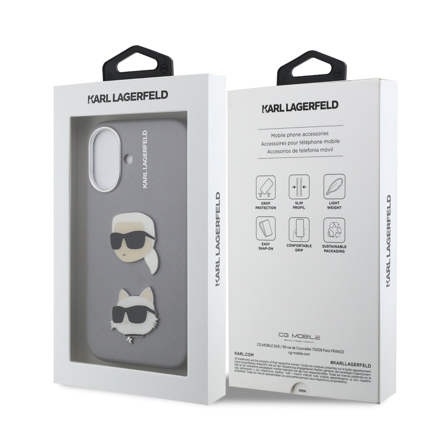 Karl Lagerfeld Grained PU K&CH Heads Zadní Kryt pro iPhone 16 Grey