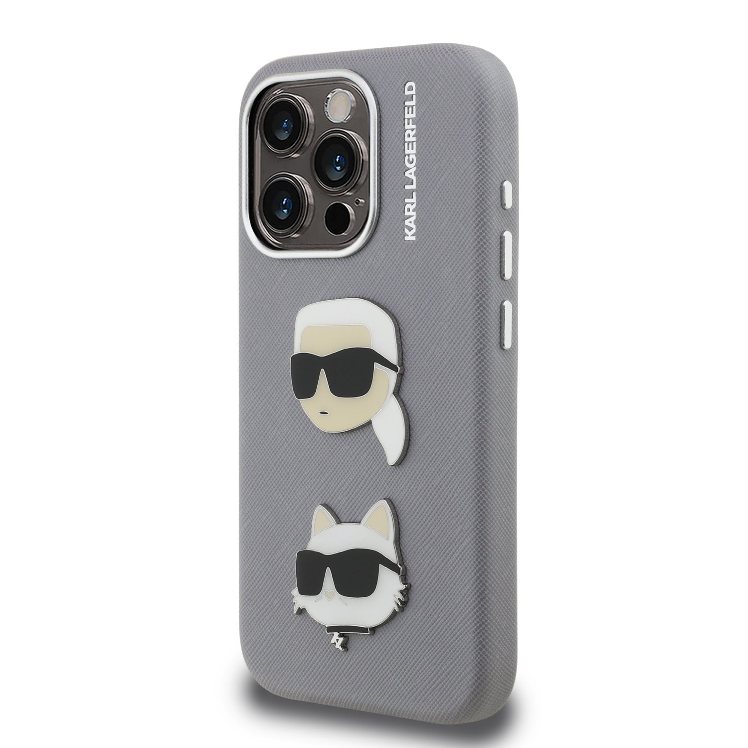 Karl Lagerfeld Grained PU K&CH Heads Zadní Kryt pro iPhone 15 Pro Max Grey