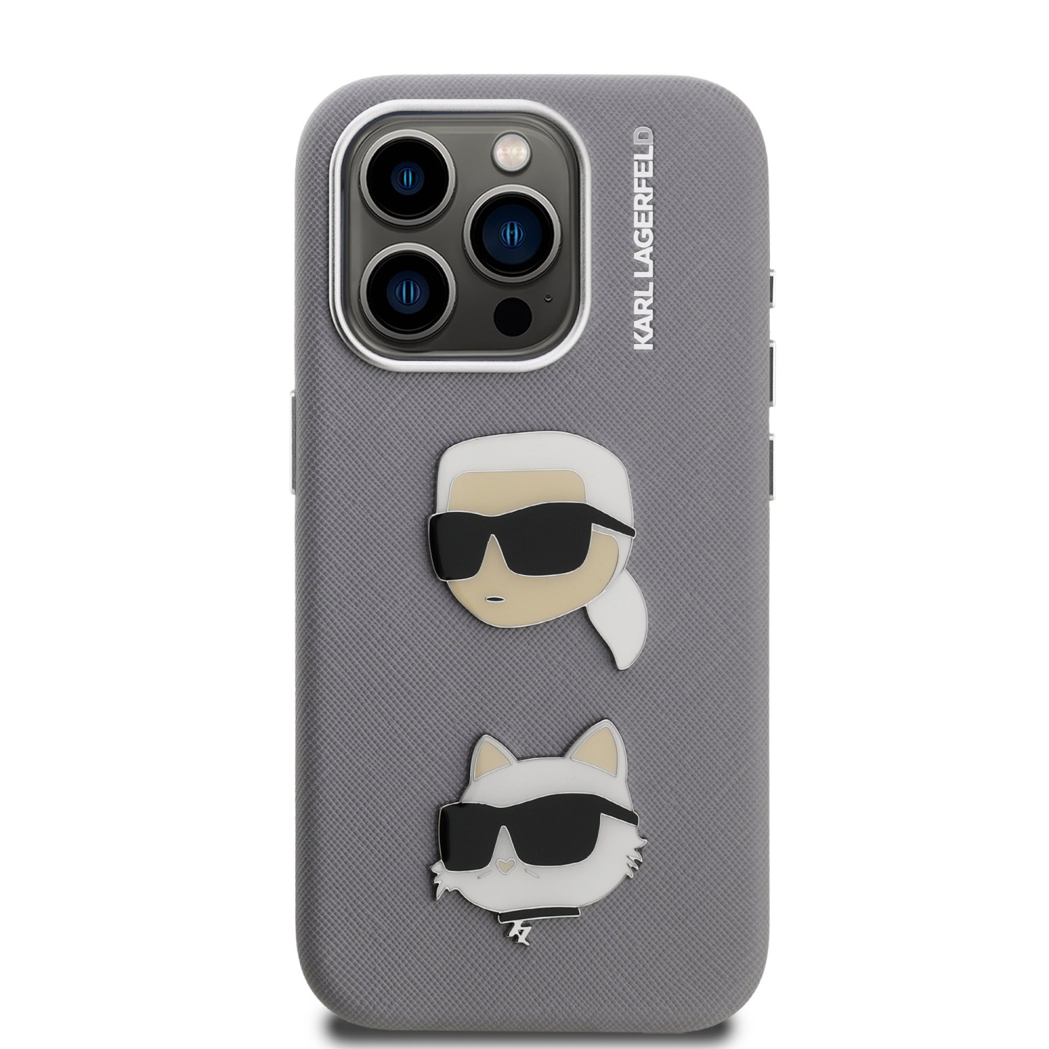 Karl Lagerfeld Grained PU K&CH Heads Zadní Kryt pro iPhone 15 Pro Max Grey