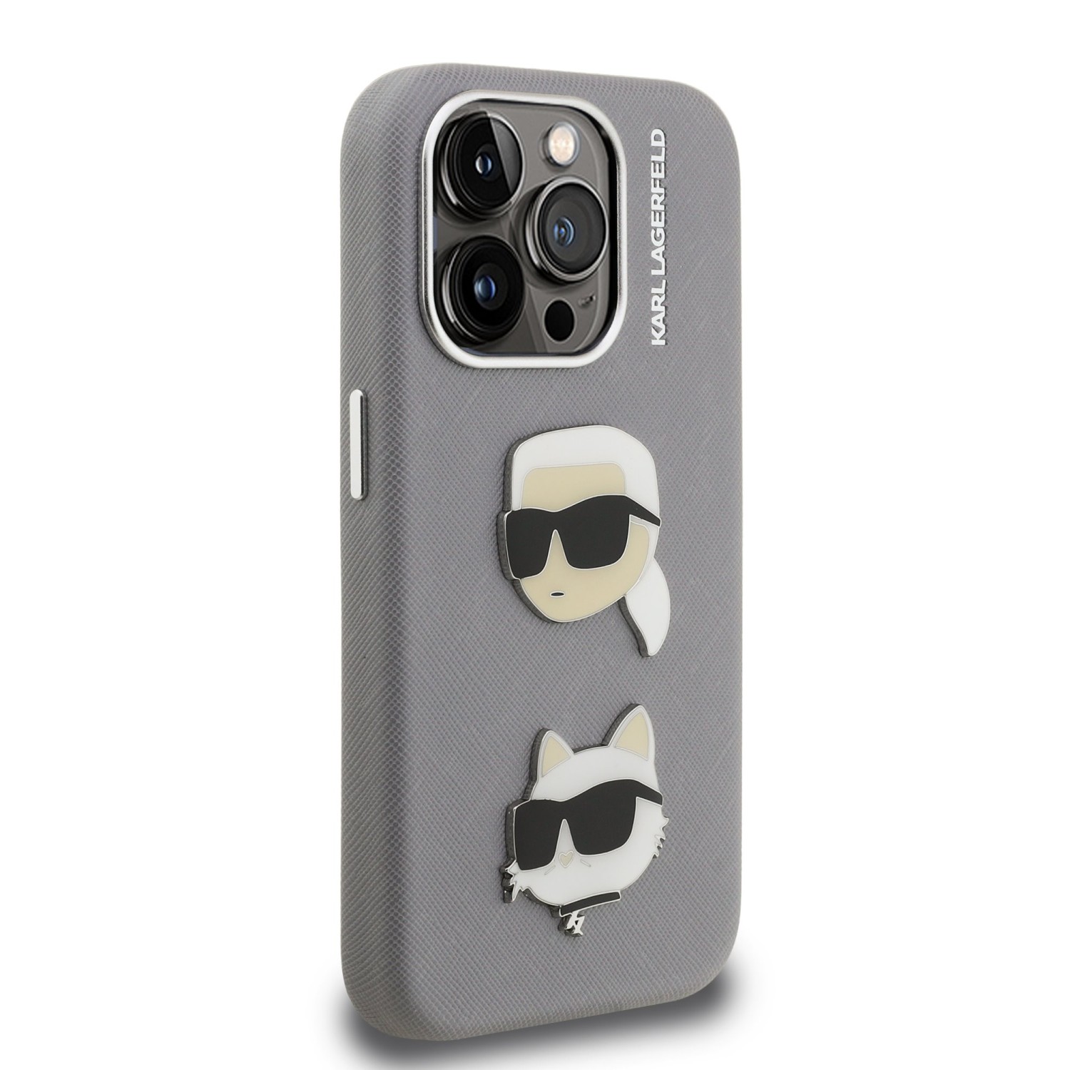 Karl Lagerfeld Grained PU K&CH Heads Zadní Kryt pro iPhone 15 Pro Max Grey