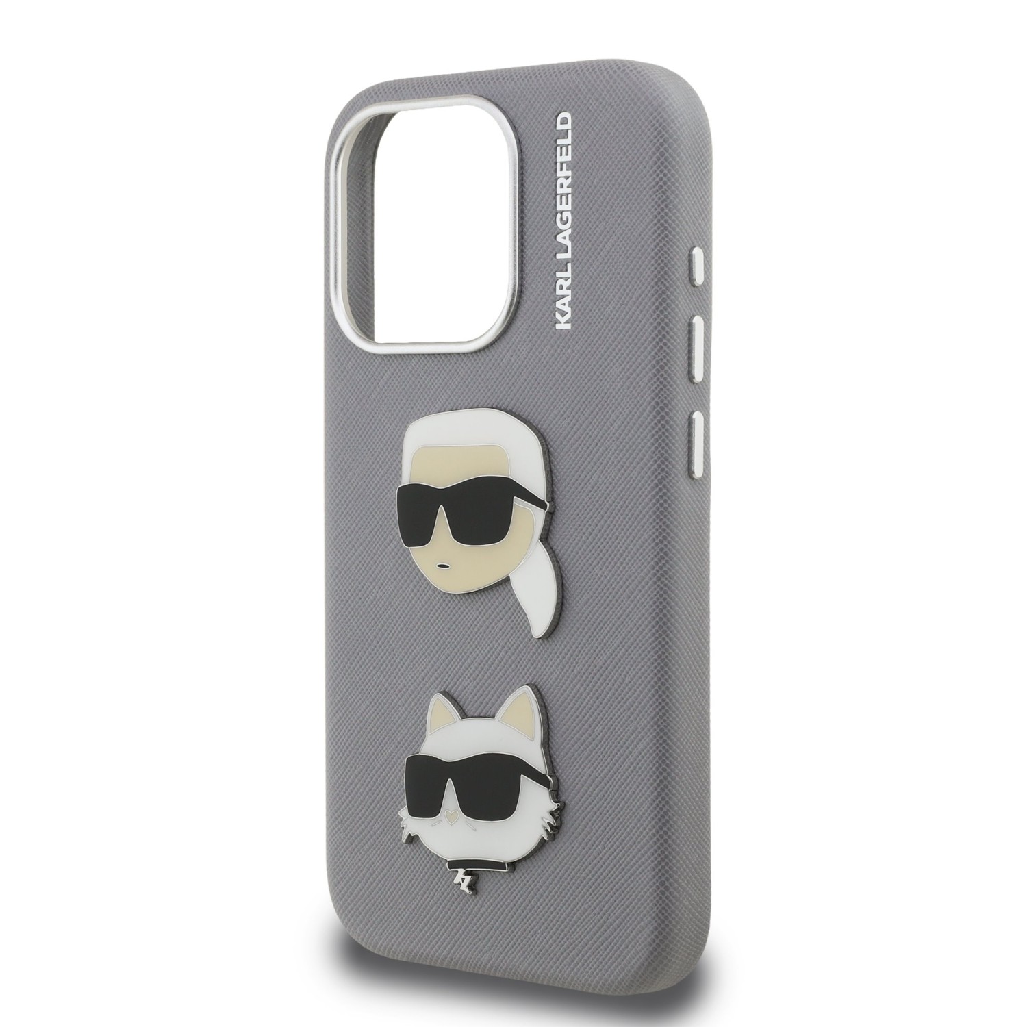 Karl Lagerfeld Grained PU K&CH Heads Zadní Kryt pro iPhone 15 Pro Max Grey