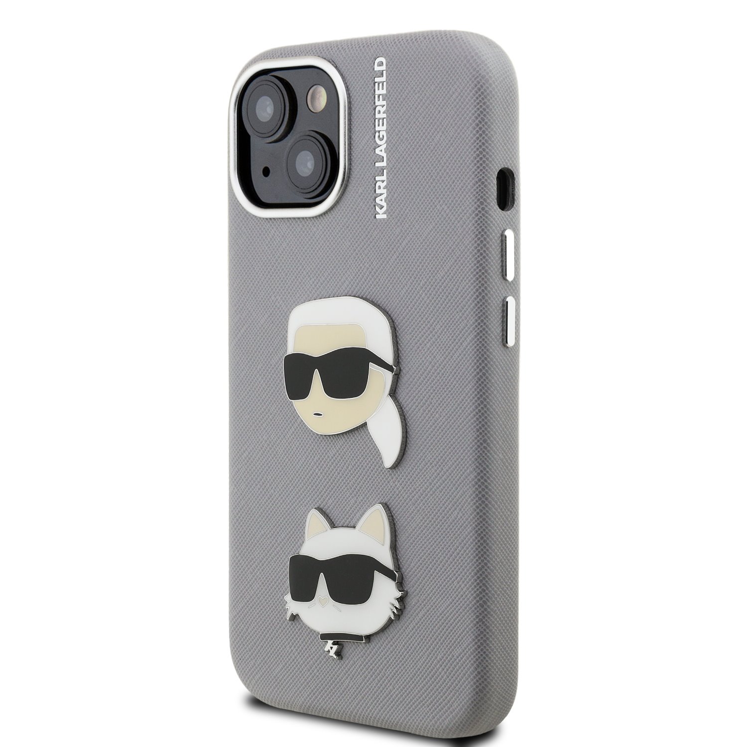 Karl Lagerfeld Grained PU K&CH Heads Zadní Kryt pro iPhone 15 Grey