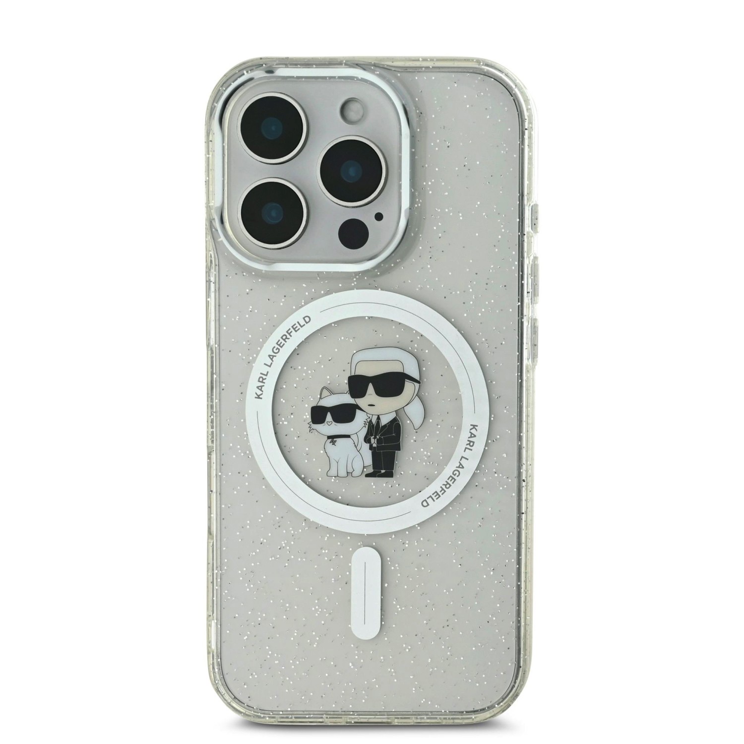 Karl Lagerfeld IML Glitter Karl and Choupette MagSafe Zadní Kryt pro iPhone 16 Pro Max Transparent