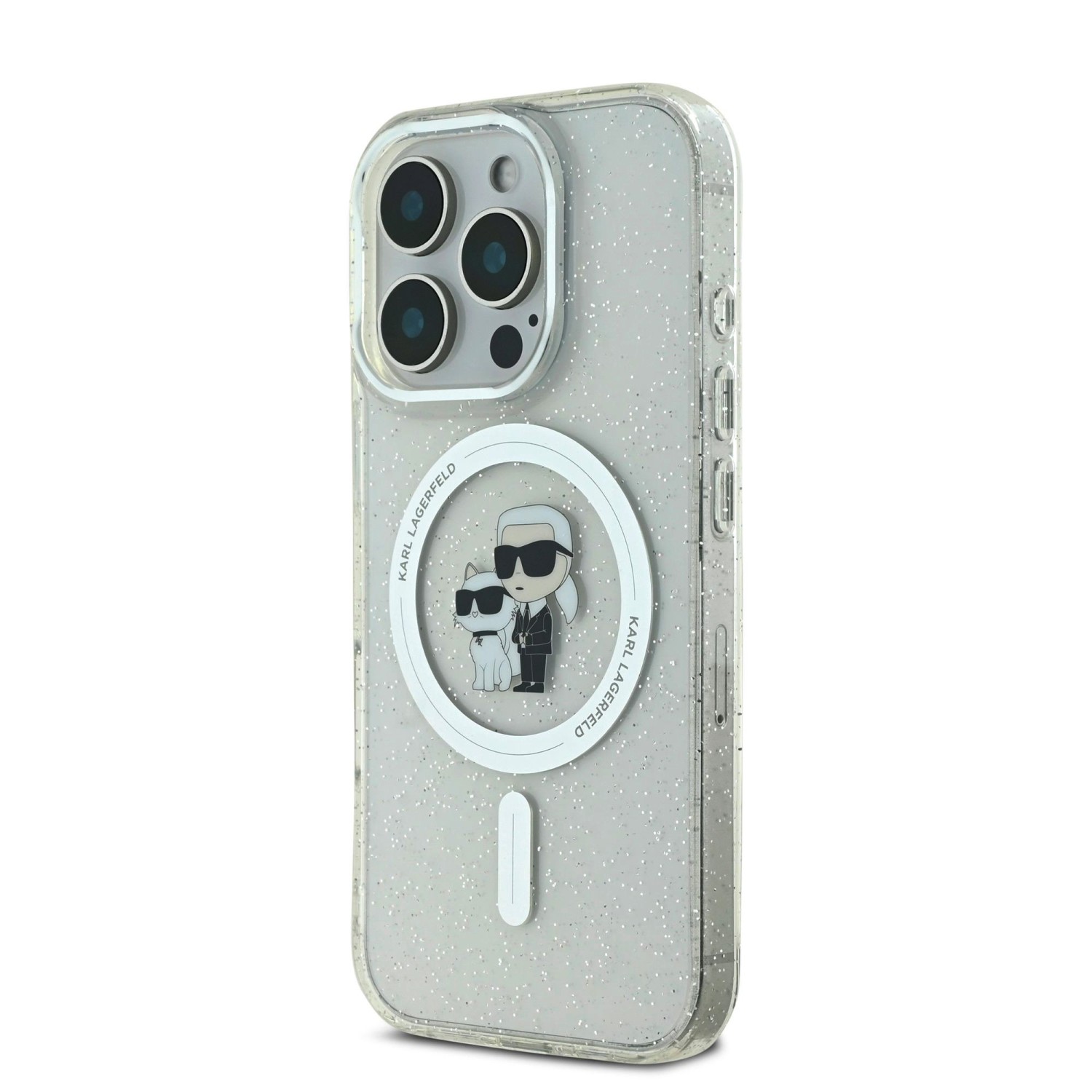 Karl Lagerfeld IML Glitter Karl and Choupette MagSafe Zadní Kryt pro iPhone 16 Pro Max Transparent