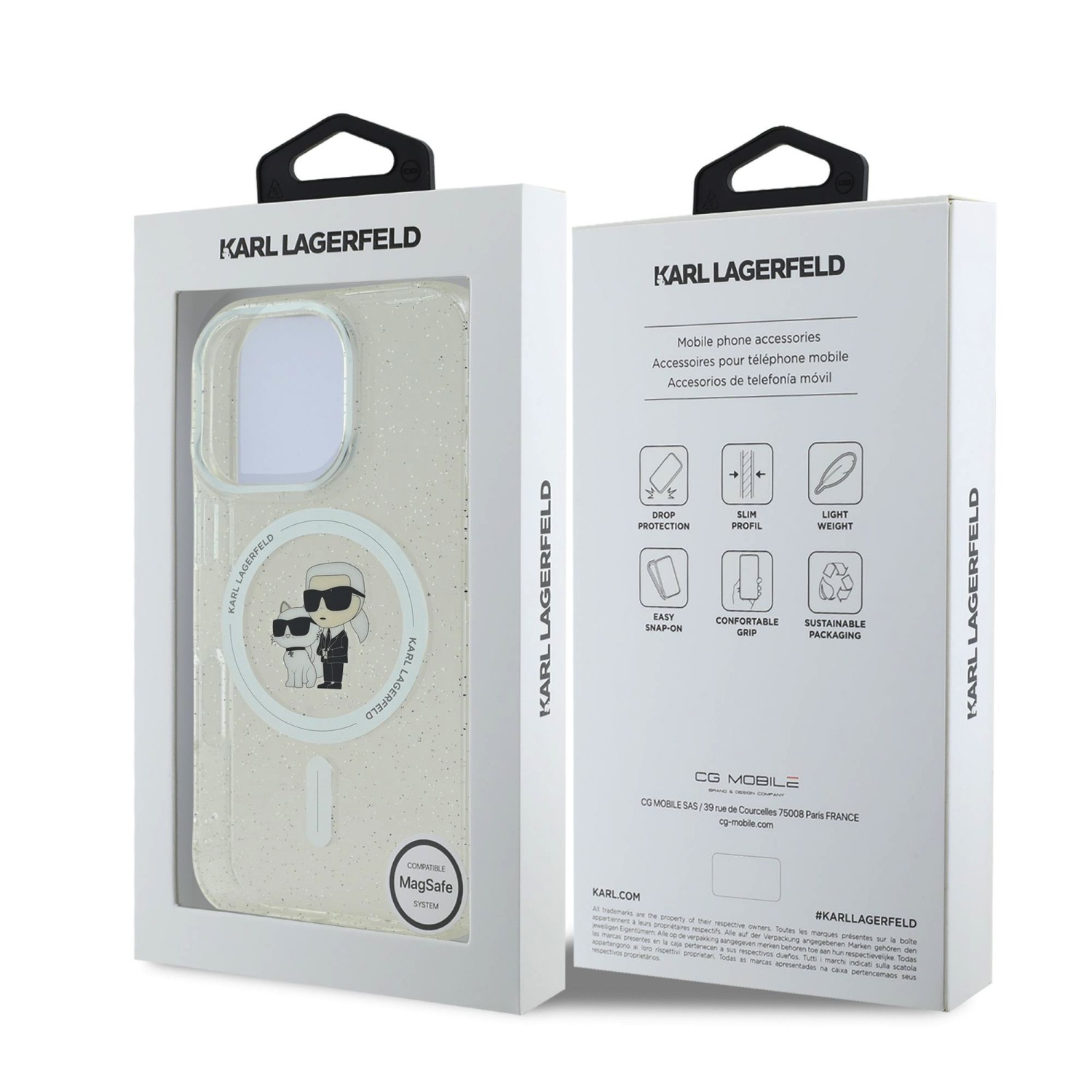 Karl Lagerfeld IML Glitter Karl and Choupette MagSafe Zadní Kryt pro iPhone 16 Pro Max Transparent