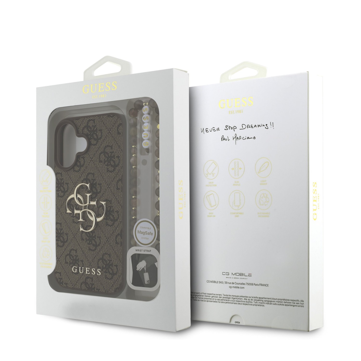 Guess PU 4G Metal Logo Strap Zadní Kryt pro iPhone 16 Brown