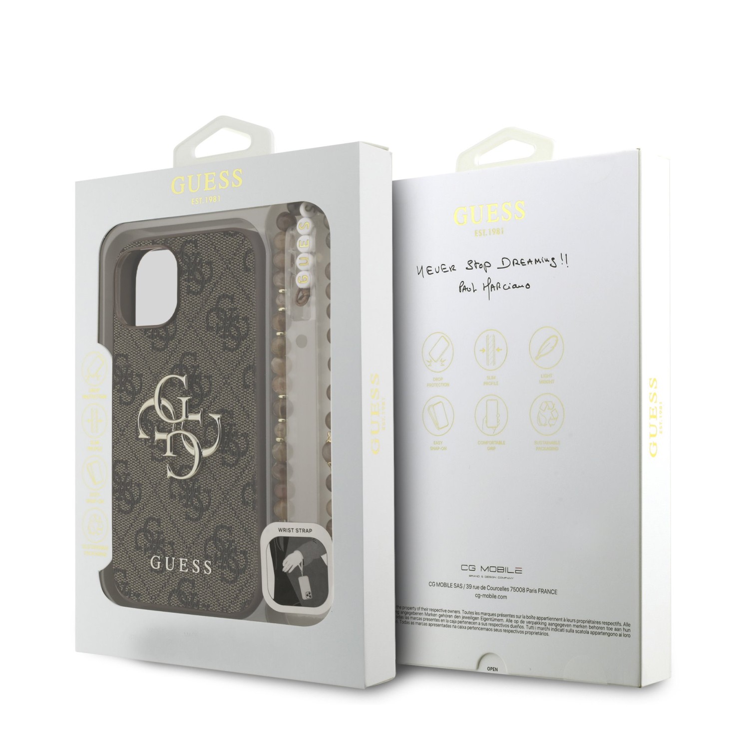 Guess PU 4G Metal Logo Strap Zadní Kryt pro iPhone 15 Brown