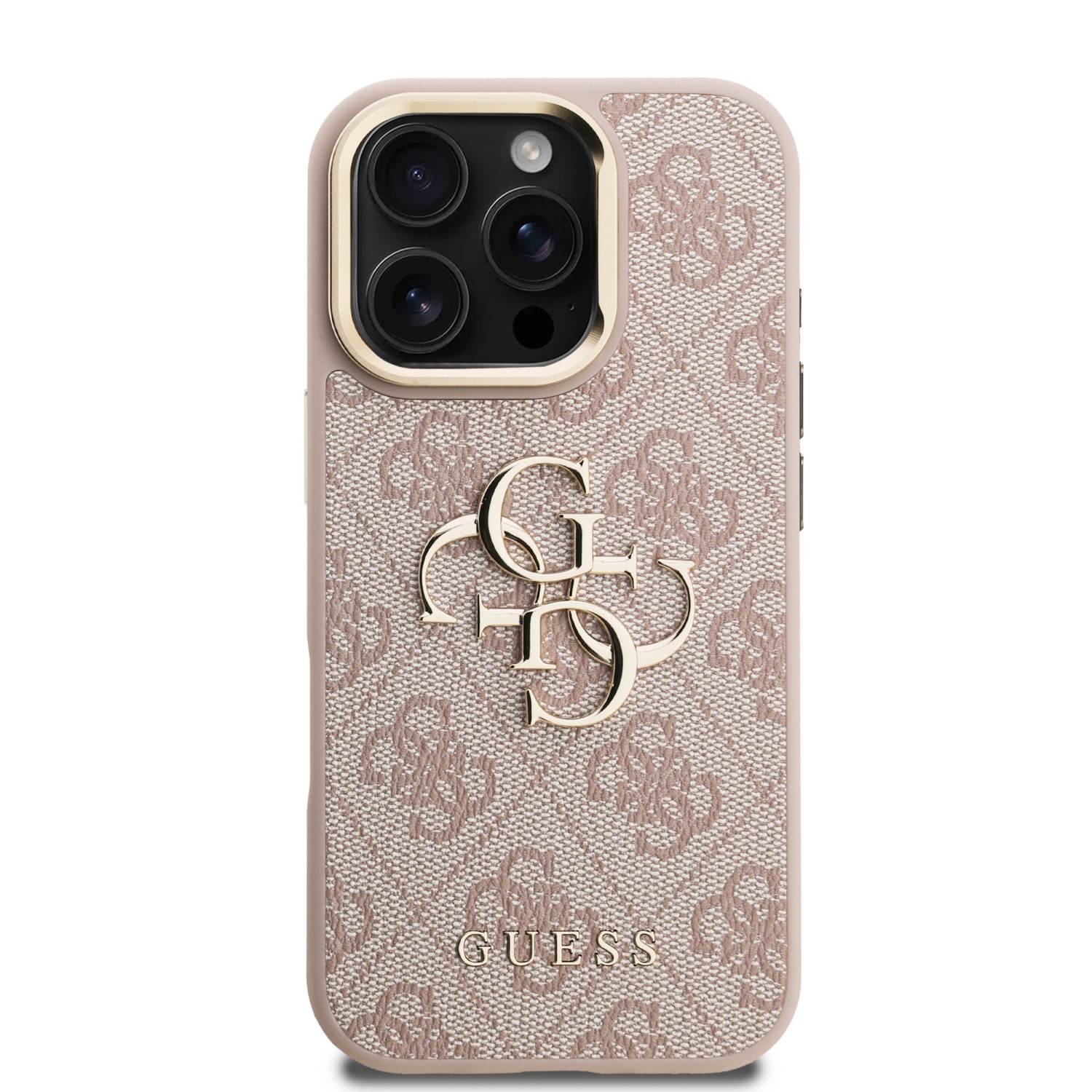 Guess PU 4G Metal Logo Stand Camera Frame Zadní Kryt pro iPhone 16 Pro Max Pink