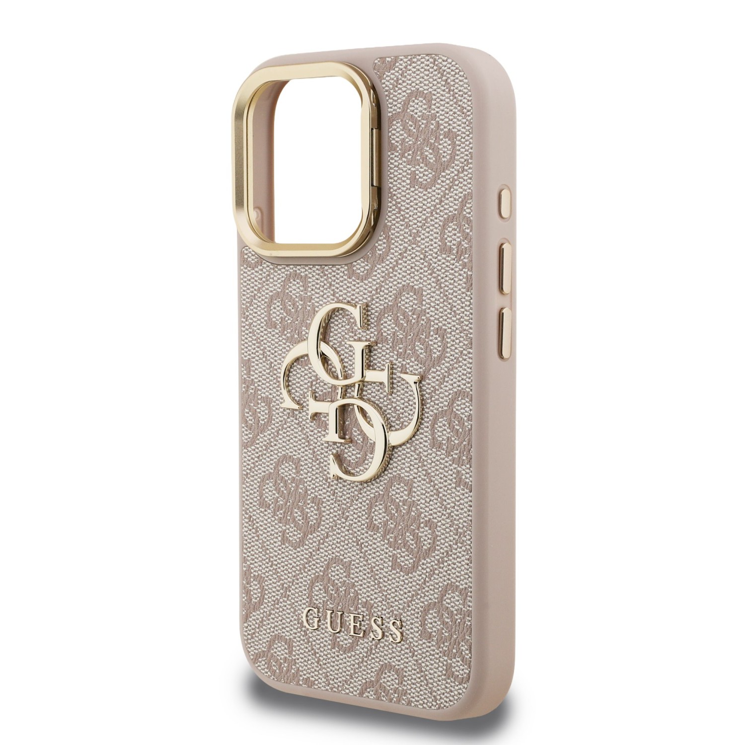 Guess PU 4G Metal Logo Stand Camera Frame Zadní Kryt pro iPhone 16 Pro Max Pink