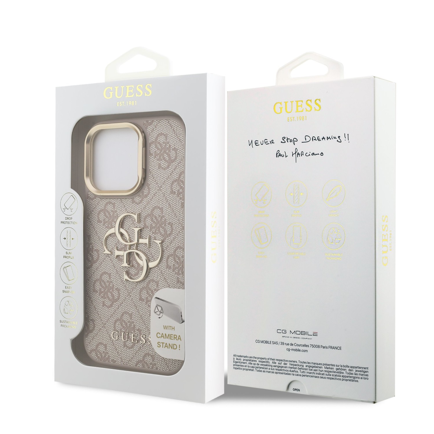 Guess PU 4G Metal Logo Stand Camera Frame Zadní Kryt pro iPhone 16 Pro Max Pink