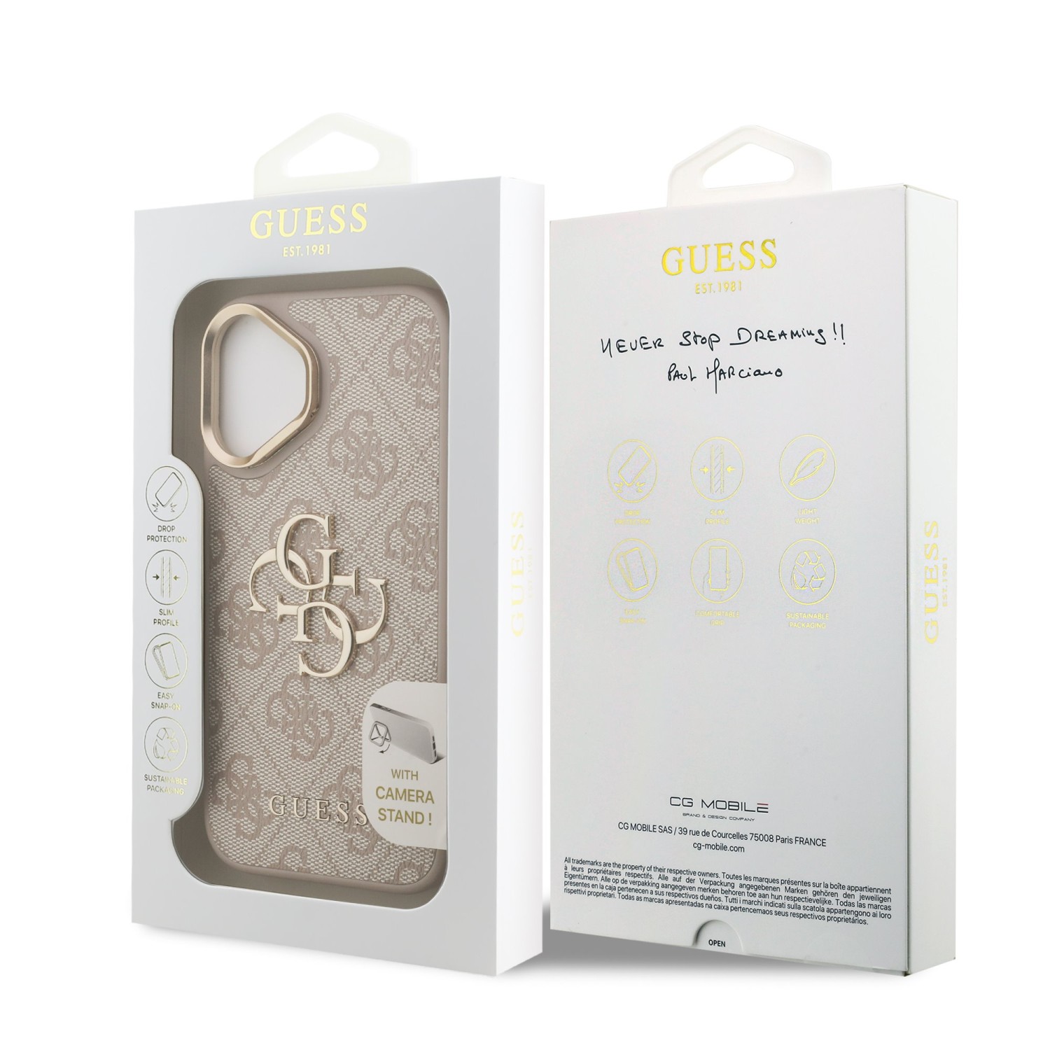 Guess PU 4G Metal Logo Stand Camera Frame Zadní Kryt pro iPhone 16 Pink
