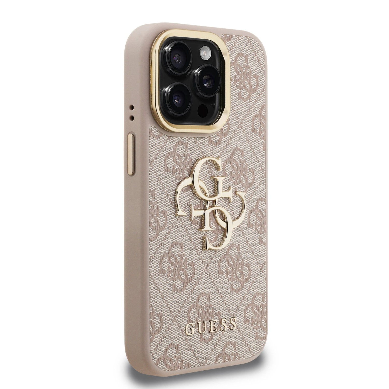 Guess PU 4G Metal Logo Stand Camera Frame Zadní Kryt pro iPhone 15 Pro Max Pink
