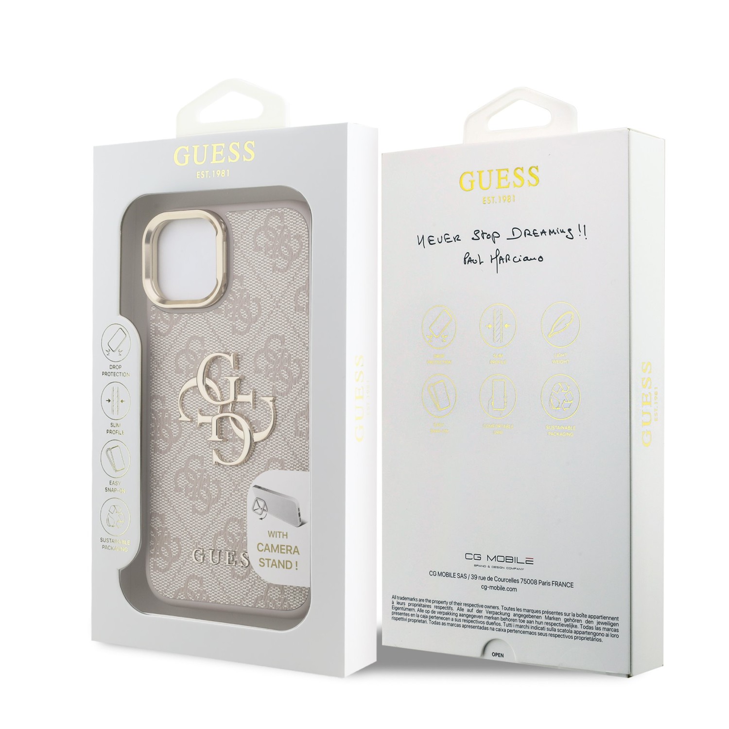 Guess PU 4G Metal Logo Stand Camera Frame Zadní Kryt pro iPhone 13 Pink