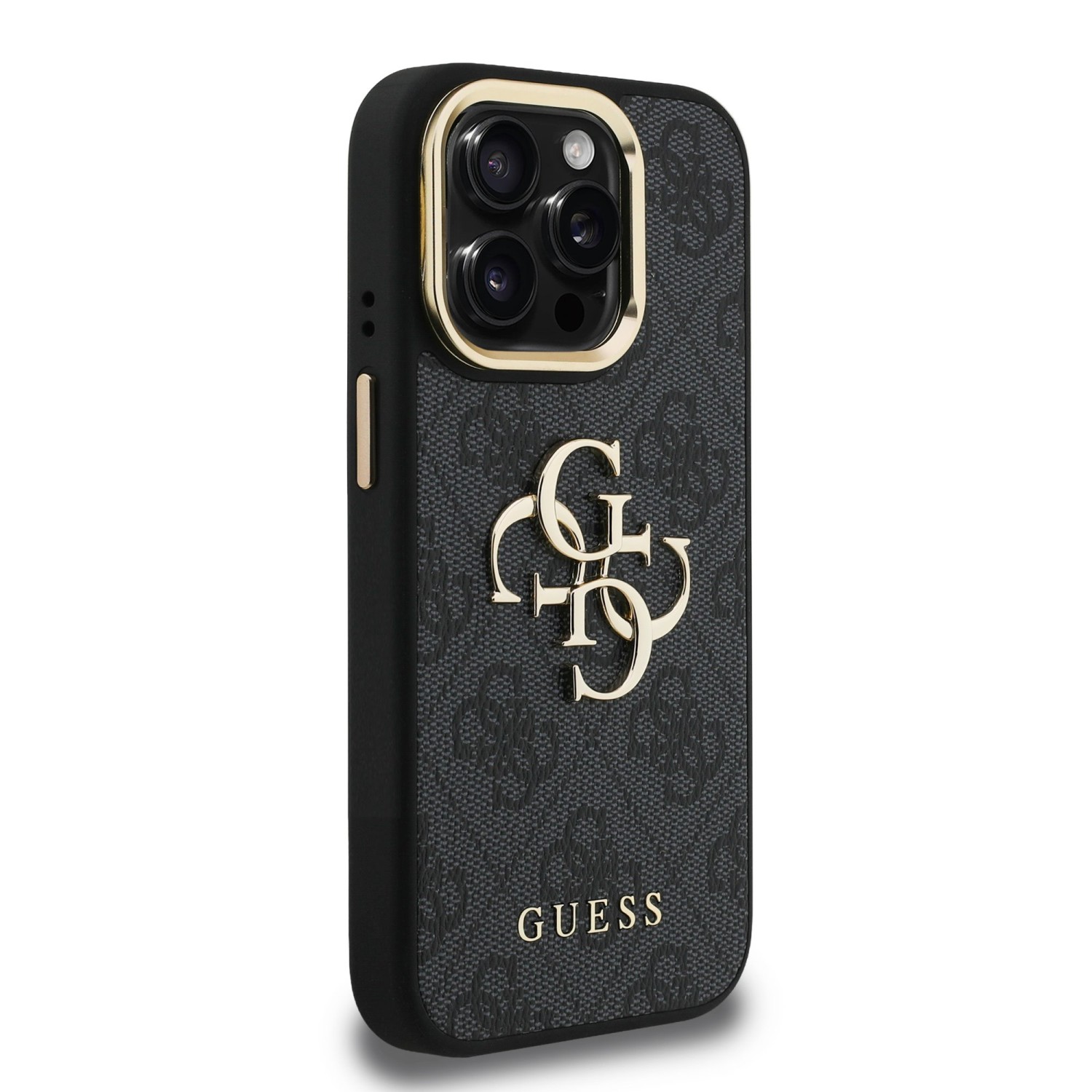 Guess PU 4G Metal Logo Stand Camera Frame Zadní Kryt pro iPhone 15 Pro Max Black